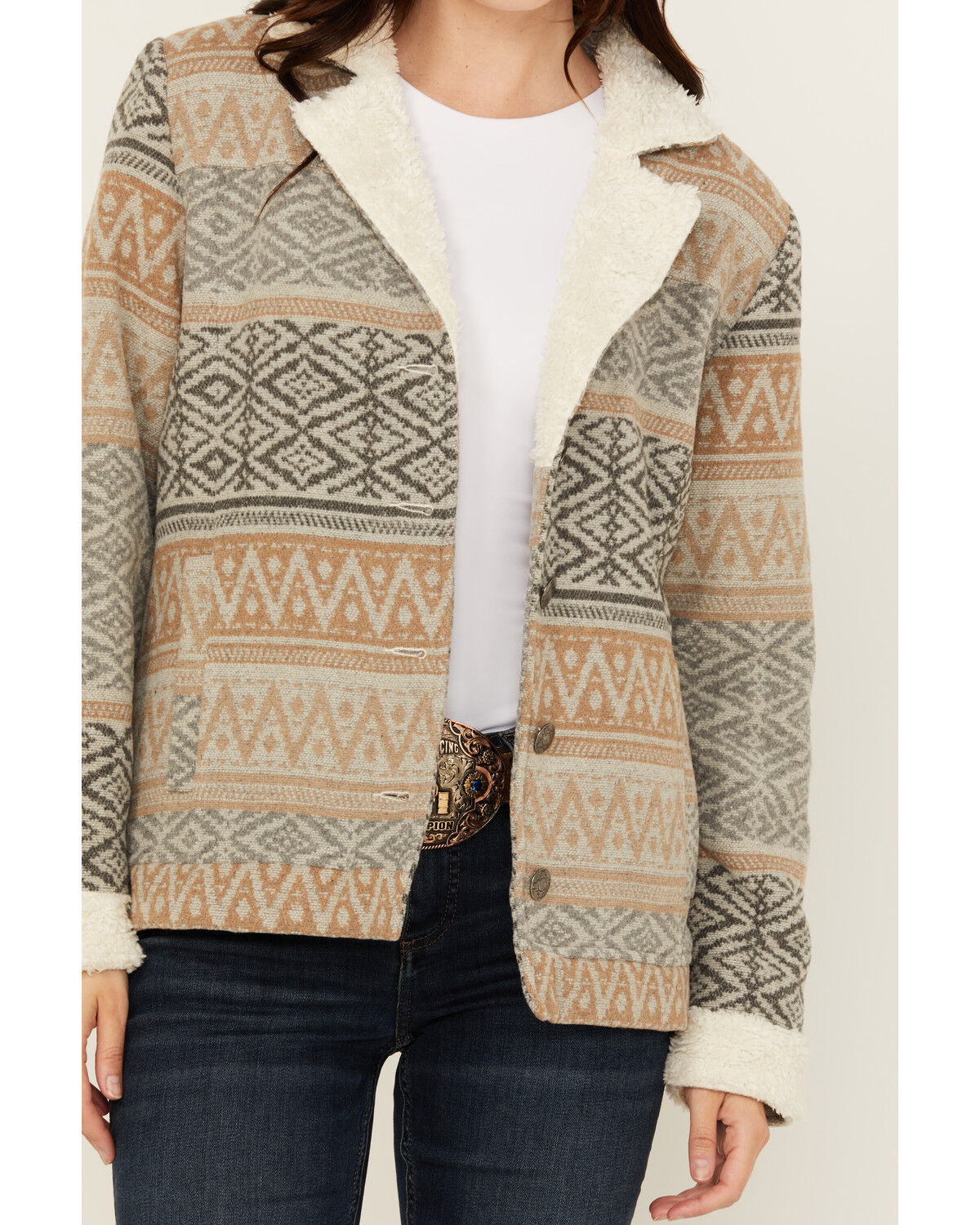 Image #3 - Outback Trading Co Women's Gemma Southwestern Sherpa Lined Jacket, Grey, hi-res
