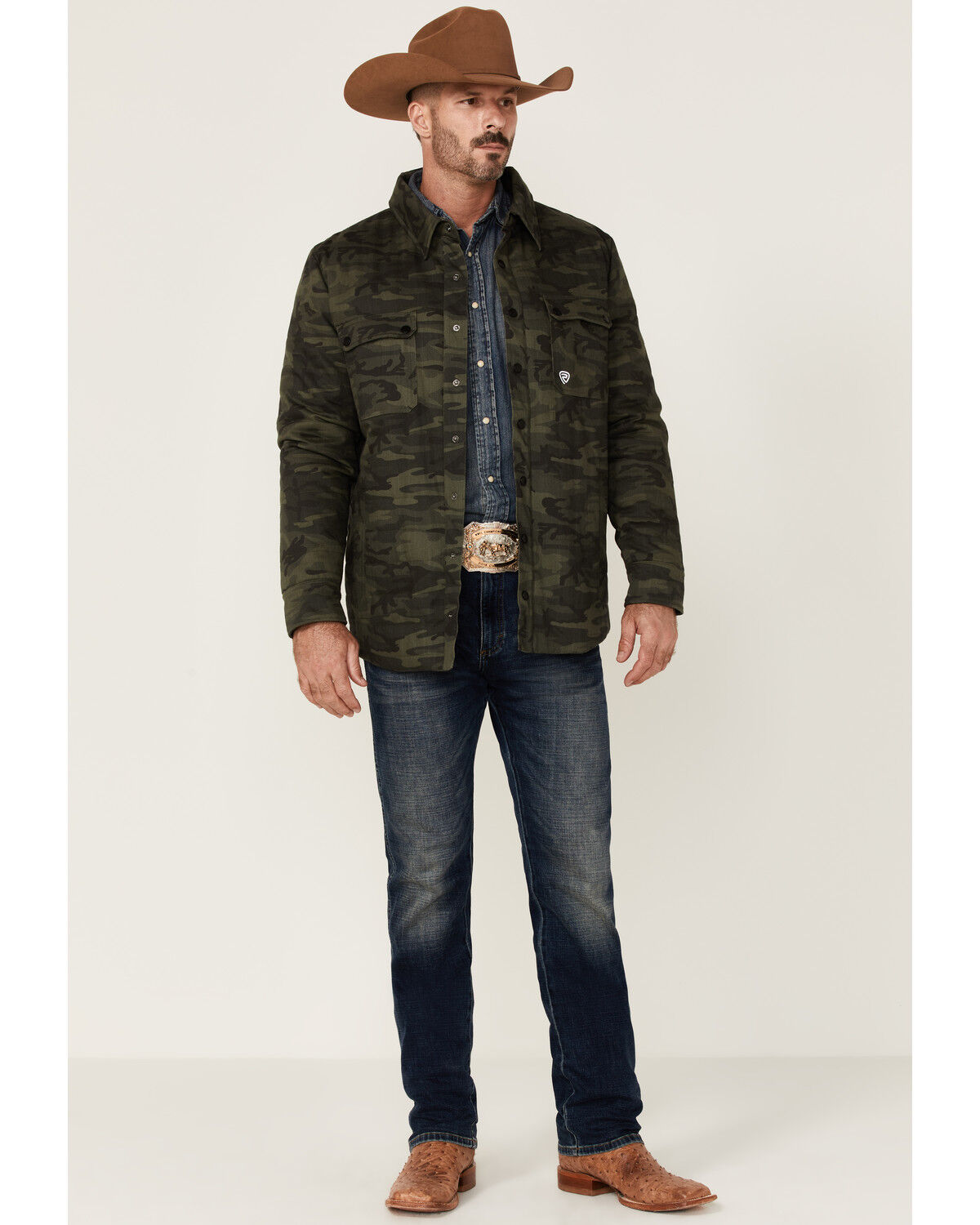 Image #2 - Rock & Roll Denim Men's Camo Print Twill Puffer Snap-Down Shirt Jacket, Olive, hi-res