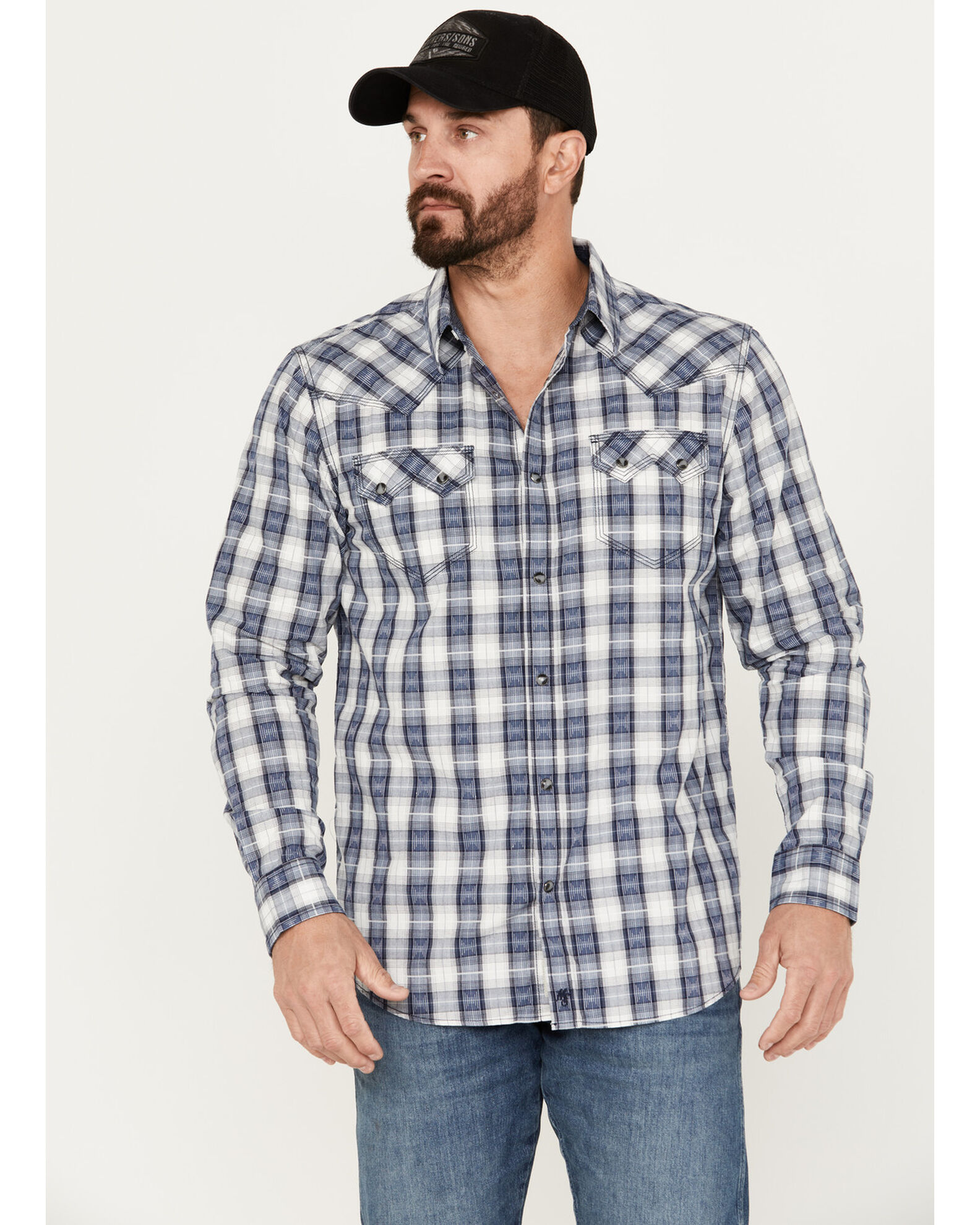 Image #1 - Moonshine Spirit Men's Rattler Plaid Print Long Sleeve Western Snap Shirt, Navy, hi-res