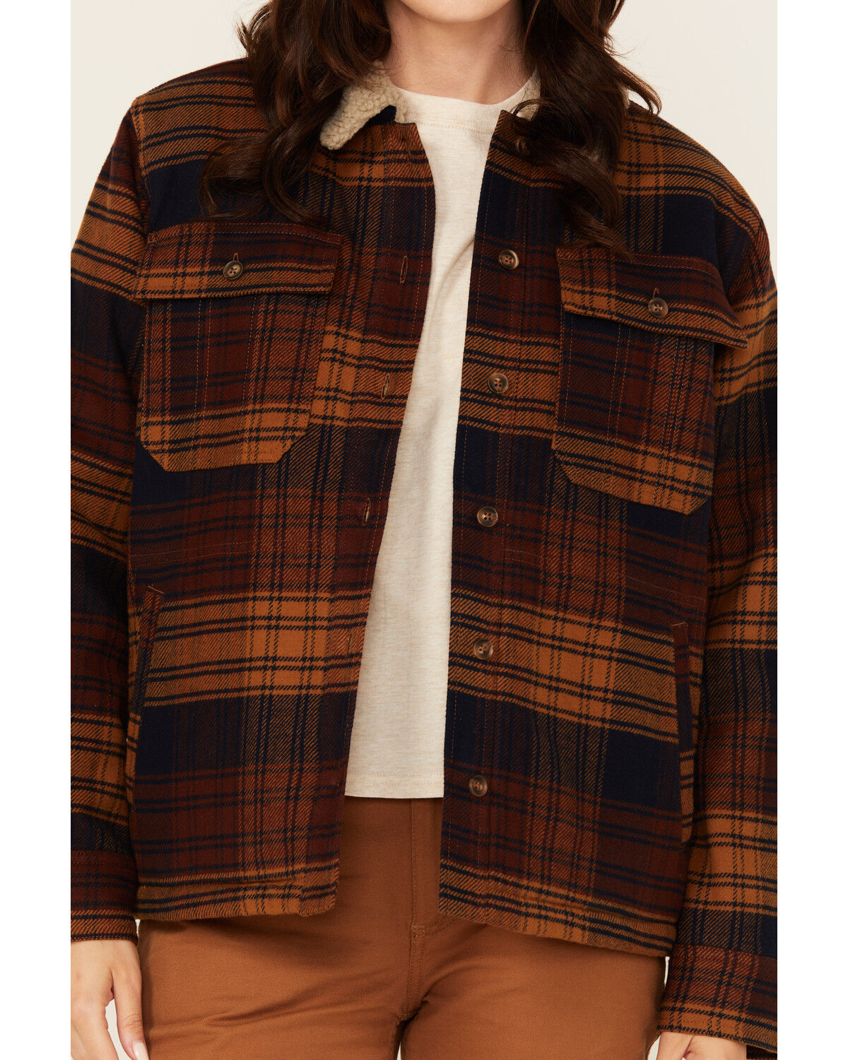 Image #3 - Lucky Brand Workwear Women's Twill Plaid Print Sherpa Lined Button-Down Work Jacket, Navy, hi-res