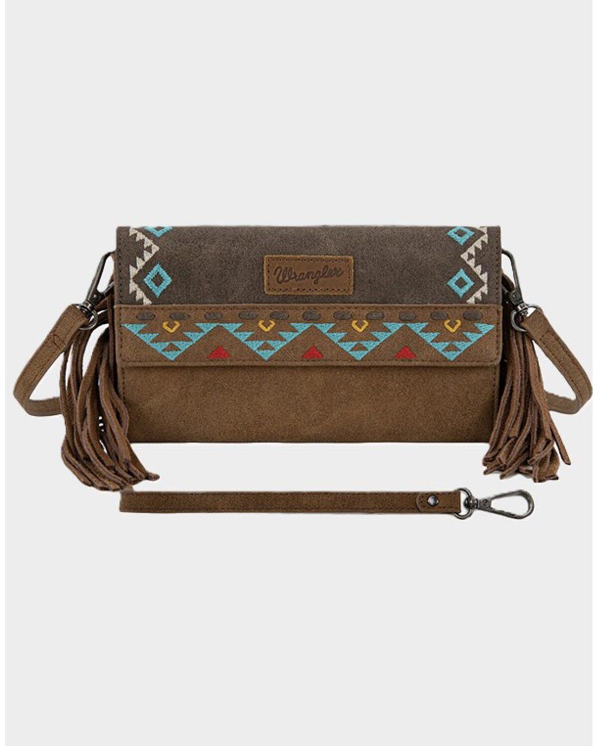 Wrangler Women's Southwestern Embroidered Fringe Wallet Crossbody Bag, Brown, hi-res