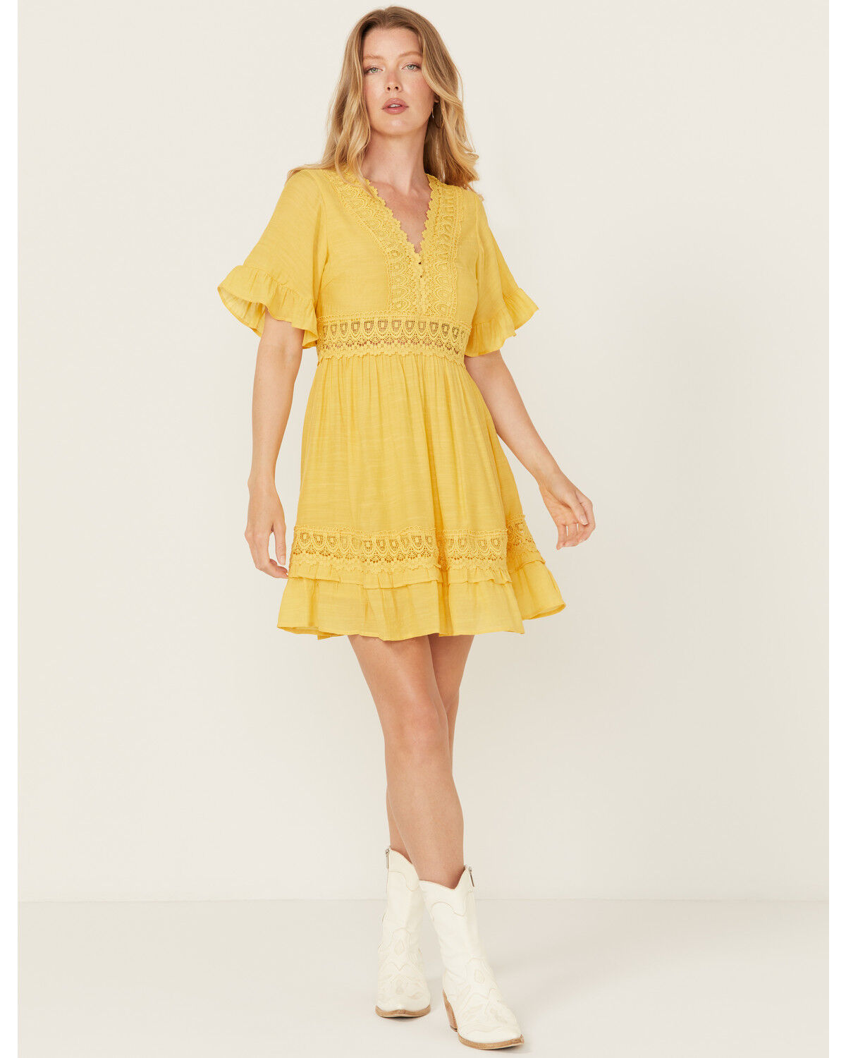 Image #1 - Wishlist Women's Solid Lace Trim Mini Dress, Mustard, hi-res