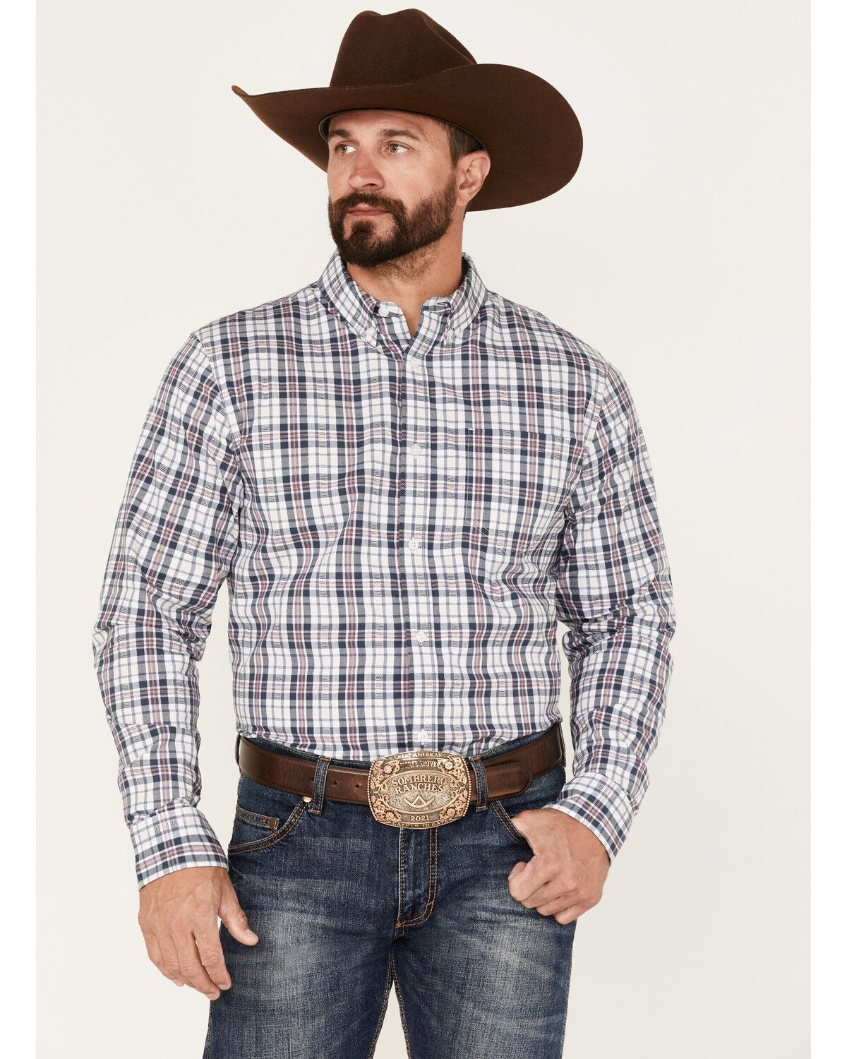 Cody James Men's Tonight Small Plaid Print Button-Down Western Shirt, White, hi-res