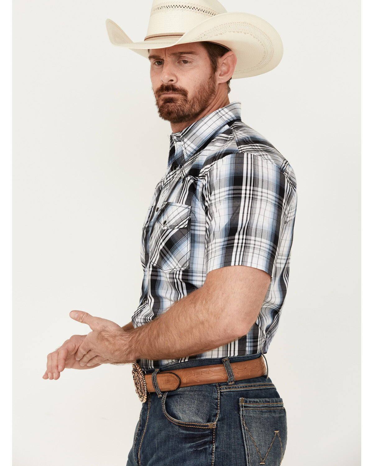 Image #2 - Cowboy Hardware Men's Hermosillo Gradient Plaid Print Short Sleeve Pearl Snap Western Shirt, Black, hi-res