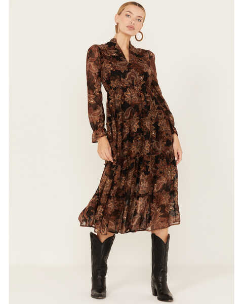 Wild Moss Women's Floral Pais Print Long Sleeve Midi Dress, Dark Brown, hi-res