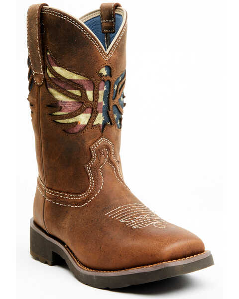 RANK 45 Women's Inspired Stars and Stripes Inlay Shaft Performance Leather Western Boots - Broad Square Toe , Brown, hi-res