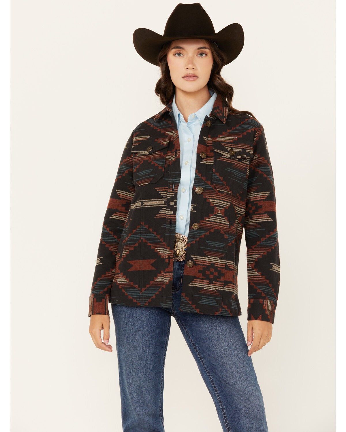 Shyanne Women's Southwestern Print Shacket, Navy, hi-res