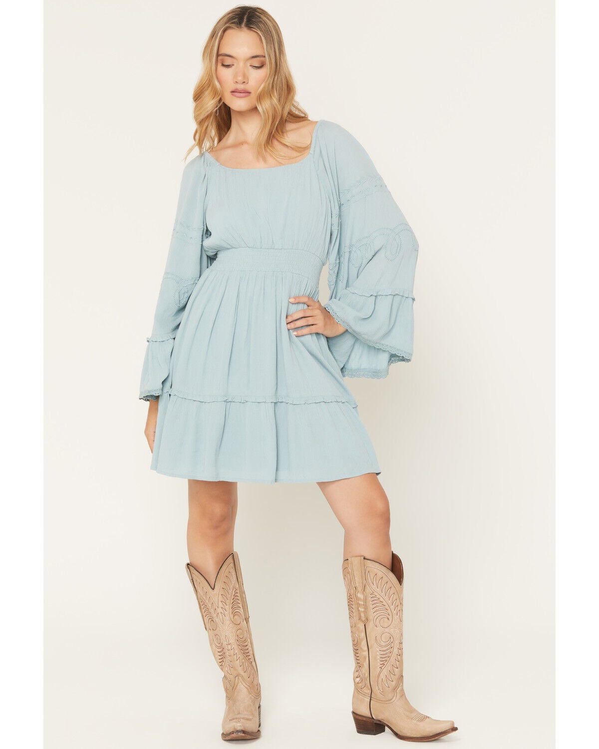 Image #1 - Shyanne Women's Highlands Embroidered Long Bell Sleeve Mini Dress, Aqua, hi-res