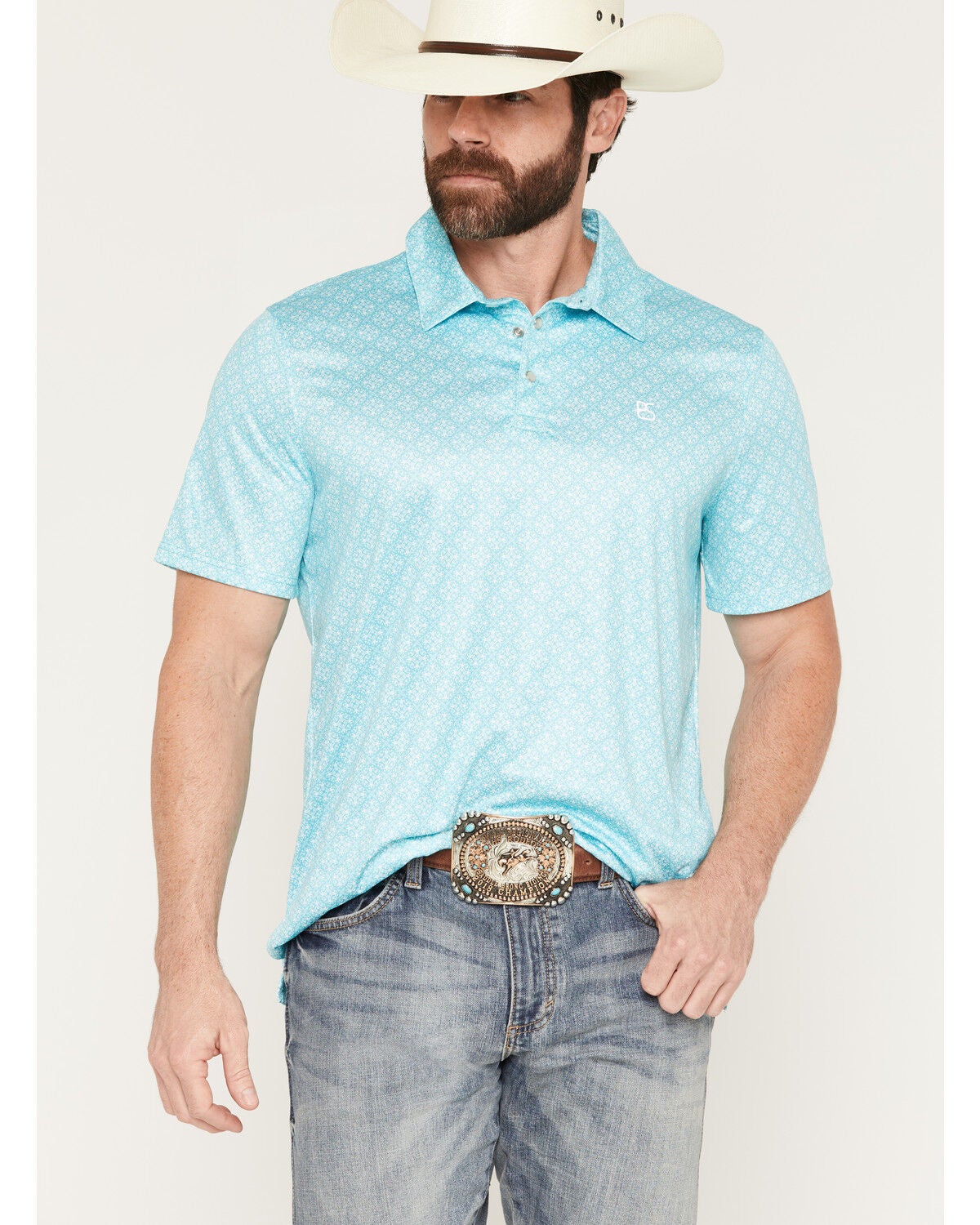 Image #1 - Panhandle Slim Men's Medallion Print Short Sleeve Pearl Snap Performance Polo, Turquoise, hi-res