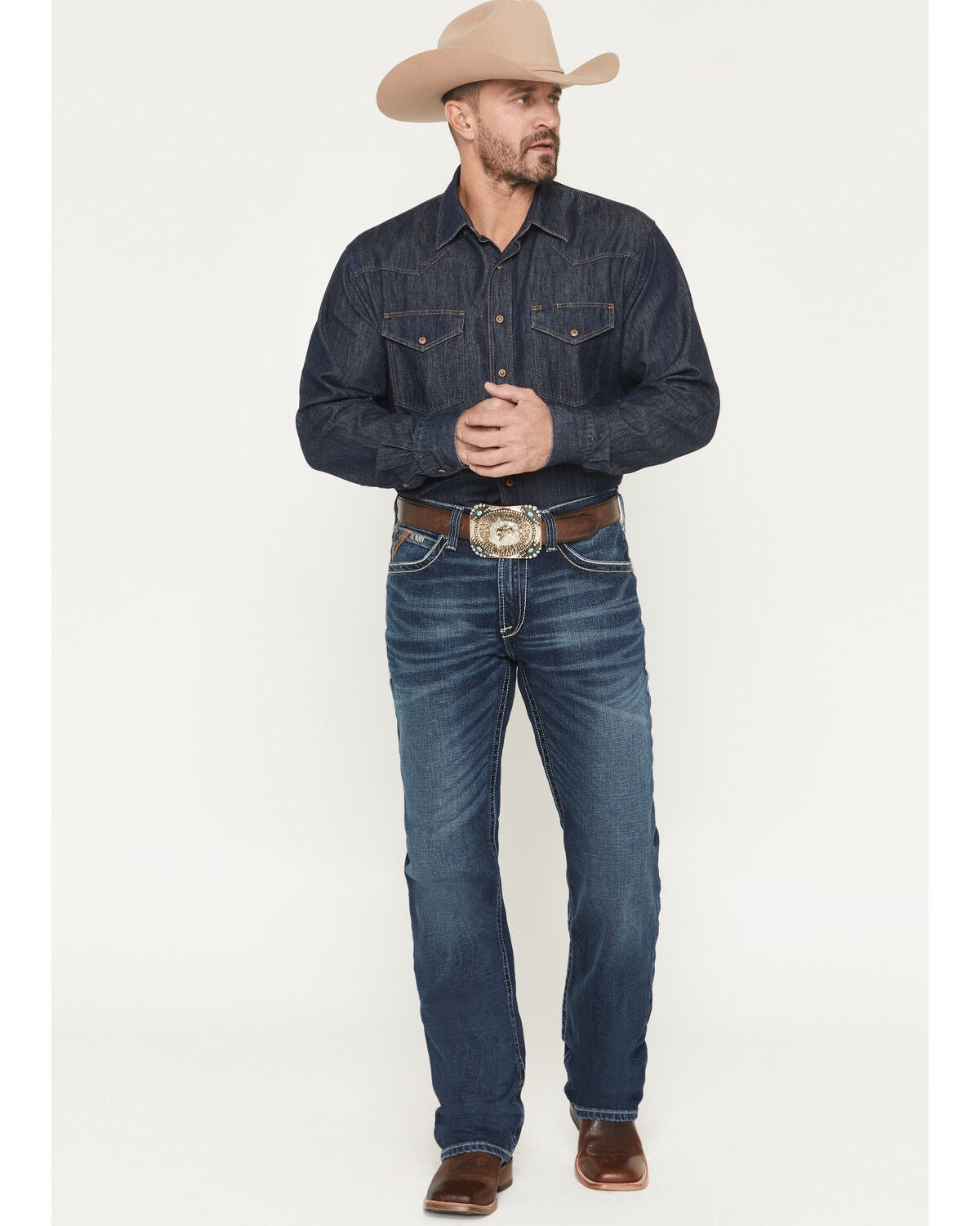 Ariat Men's Boot Barn Exclusive M4 Adkins Dark Wash Relaxed Fit Stretch Bootcut Jeans, Blue, hi-res