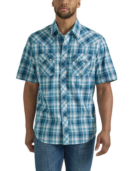 Wrangler Retro Men's Plaid Print Short Sleeve Snap Western Shirt , Turquoise, hi-res