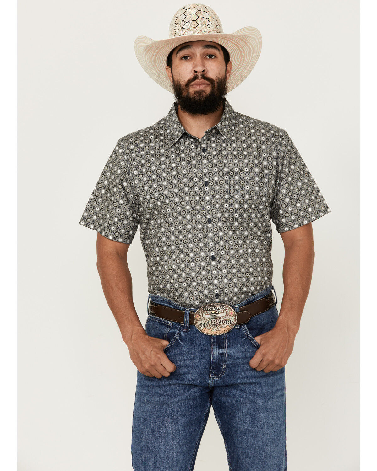 Image #1 - Gibson Trading Co Men's Good Time Geo Print Button-Down Short Sleeve Western Shirt, Grey, hi-res