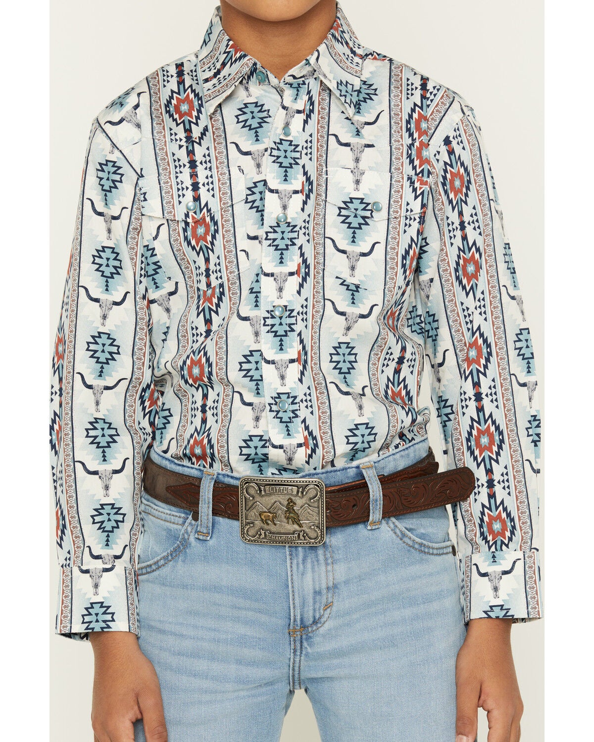 Image #3 - Wrangler Boys' Checotah Southwestern Striped Long Sleeve Pearl Snap Western Shirt, Blue, hi-res