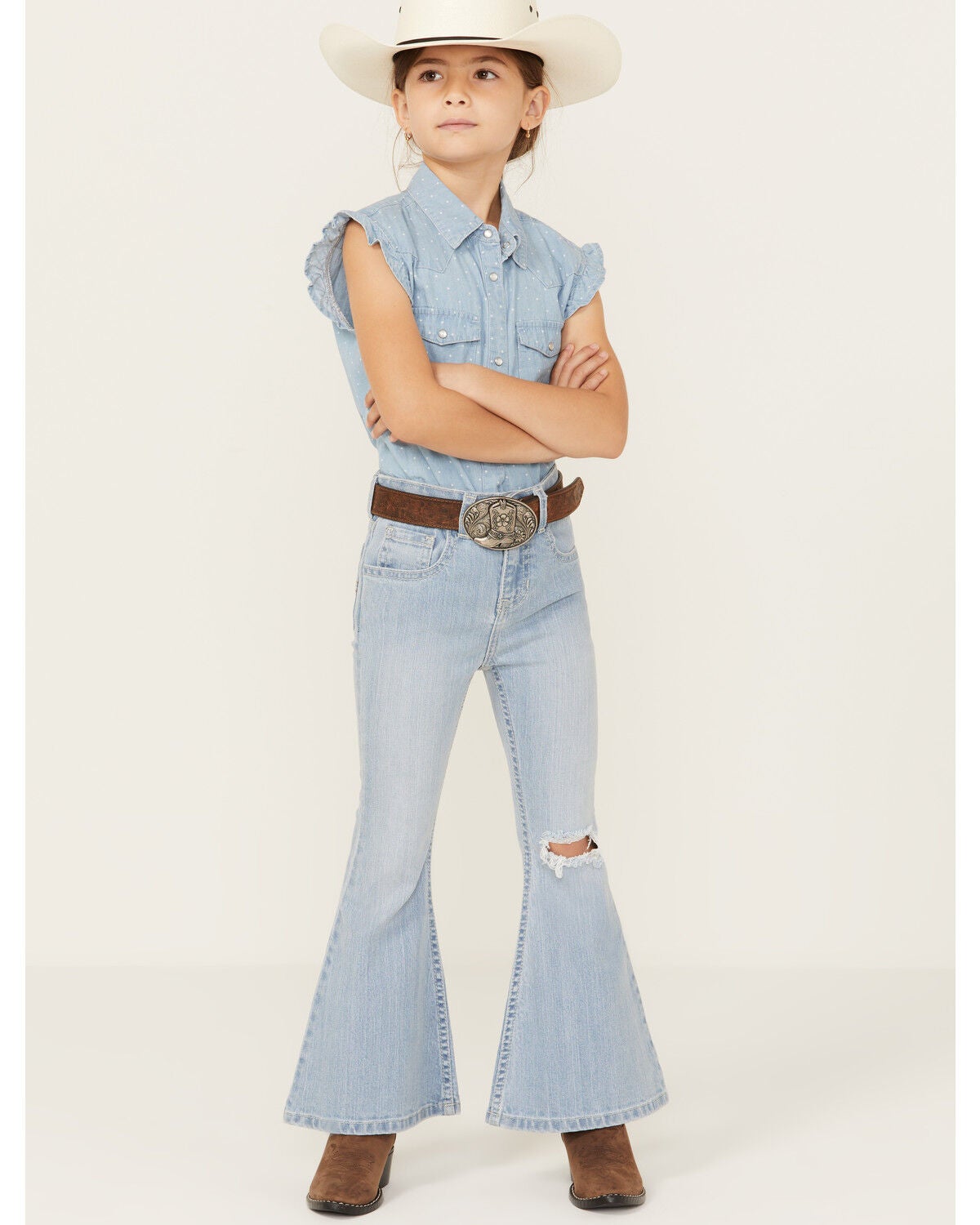 Shyanne Little Girls' Destructed Knee Flare Jeans, Light Wash, hi-res