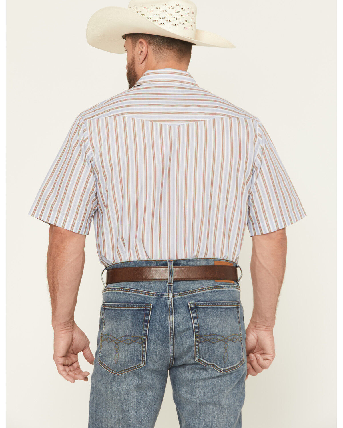 Image #4 - Roper Men's Striped Print Short Sleeve Snap Stretch Western Shirt, Light Blue, hi-res