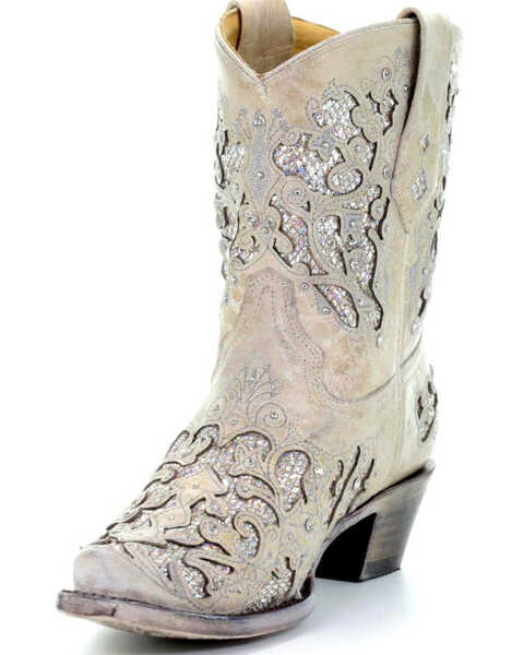 Image #2 - Corral Women's Metallic Glitter Inlay & Crystal Boots - Snip Toe, White, hi-res