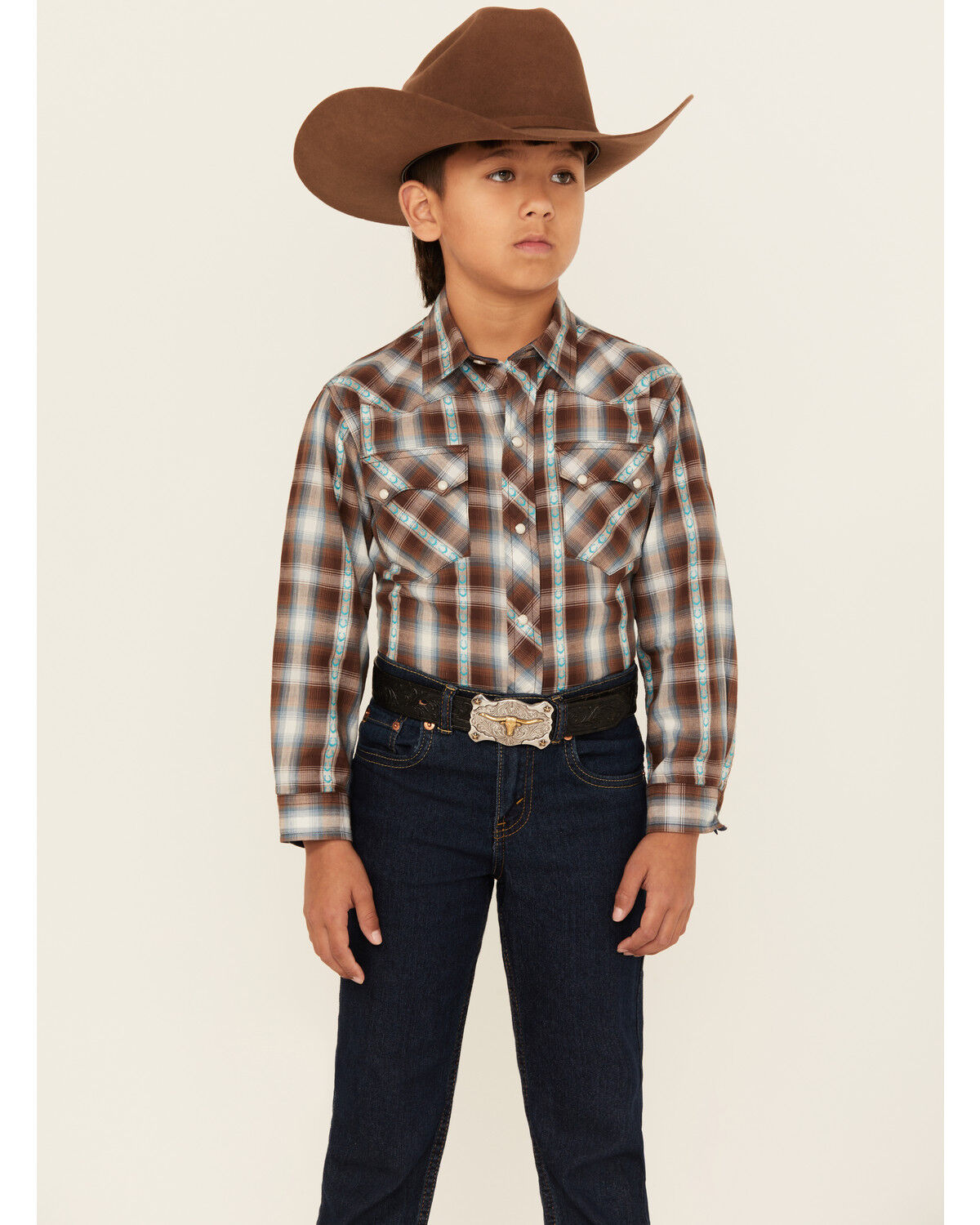 Image #1 - Roper Boys' Plaid Print Horseshoe Long Sleeve Snap Western Shirt, Brown, hi-res