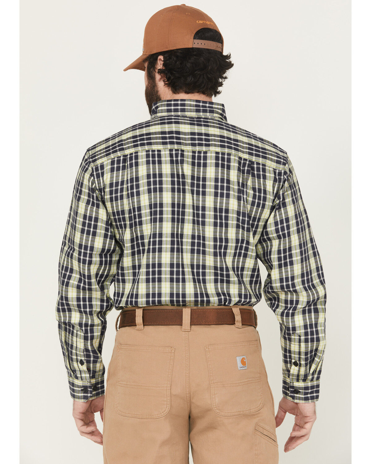 Image #4 - Carhartt Men's FR Force Rugged Flex® Plaid Print Long Sleeve Button-Down Work Shirt, Navy, hi-res