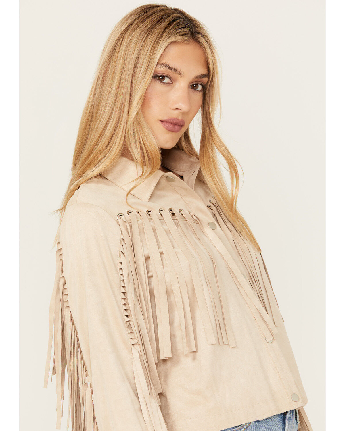 Image #2 - Blue B Women's Grommet Faux Suede Fringe Jacket, Beige, hi-res