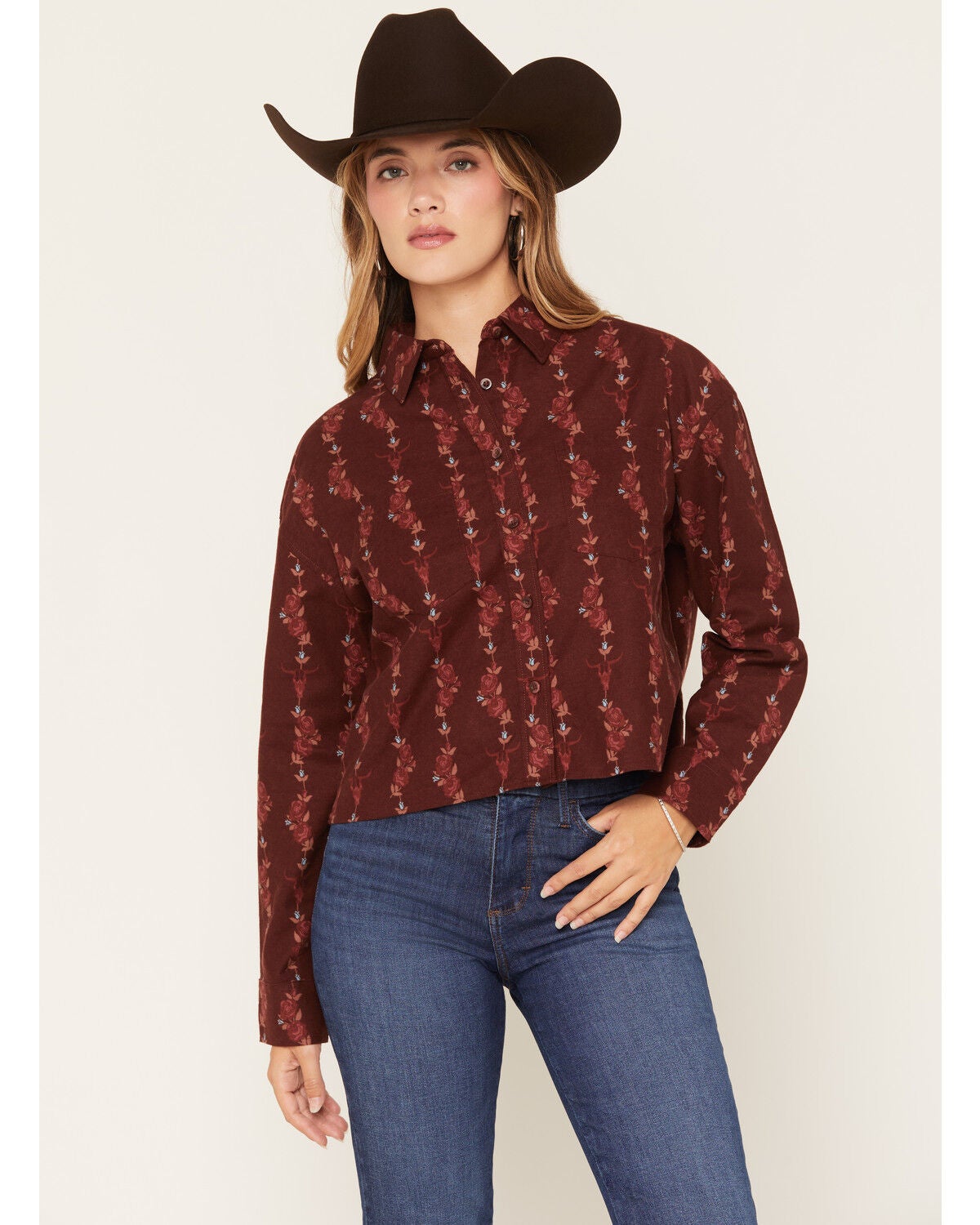 Ely Walker Women's Boot Barn Exclusive Floral Striped Long Sleeve Cropped Flannel Shirt, Burgundy, hi-res