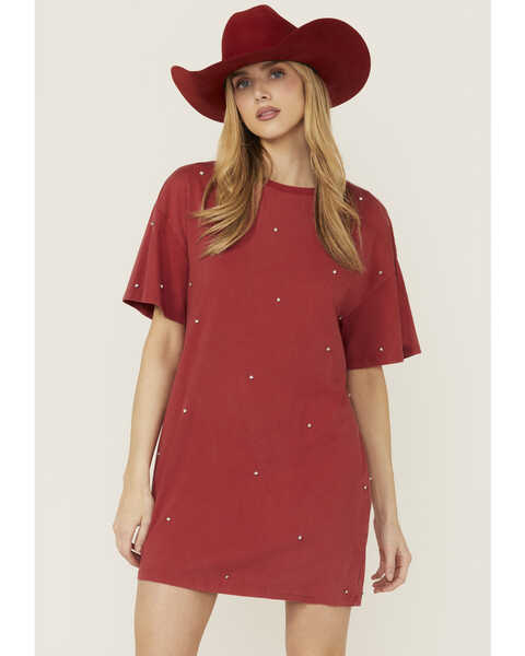 Rock & Roll Denim Women's Rhinestone Short Sleeve T-Shirt Dress, Red, hi-res