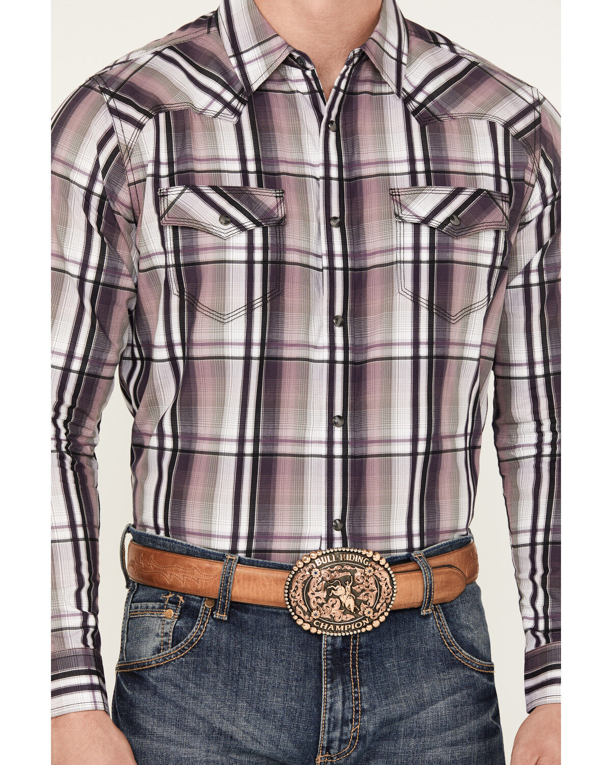 Image #3 - Moonshine Spirit Men's Back Stage Plaid Print Long Sleeve Snap Western Shirt, Purple, hi-res