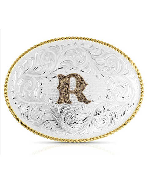 Image #1 - Montana Silversmiths Classic Western Oval Two-Tone Initial Belt Buckle - R, Silver, hi-res