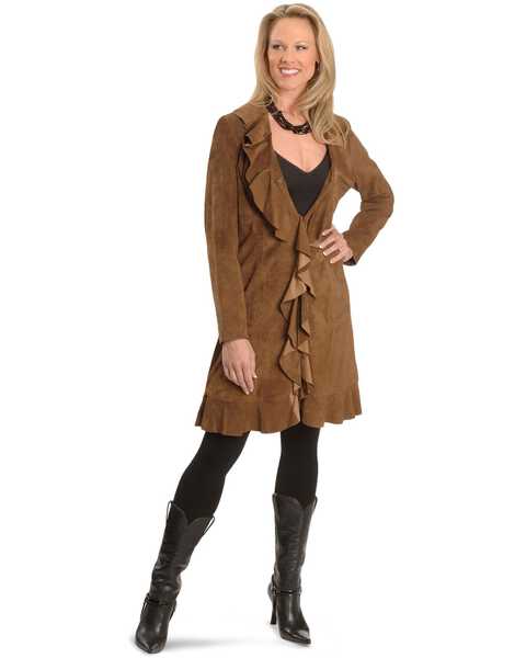 Image #1 - Scully Women's Ruffle Suede Leather Long Jacket, Brown, hi-res
