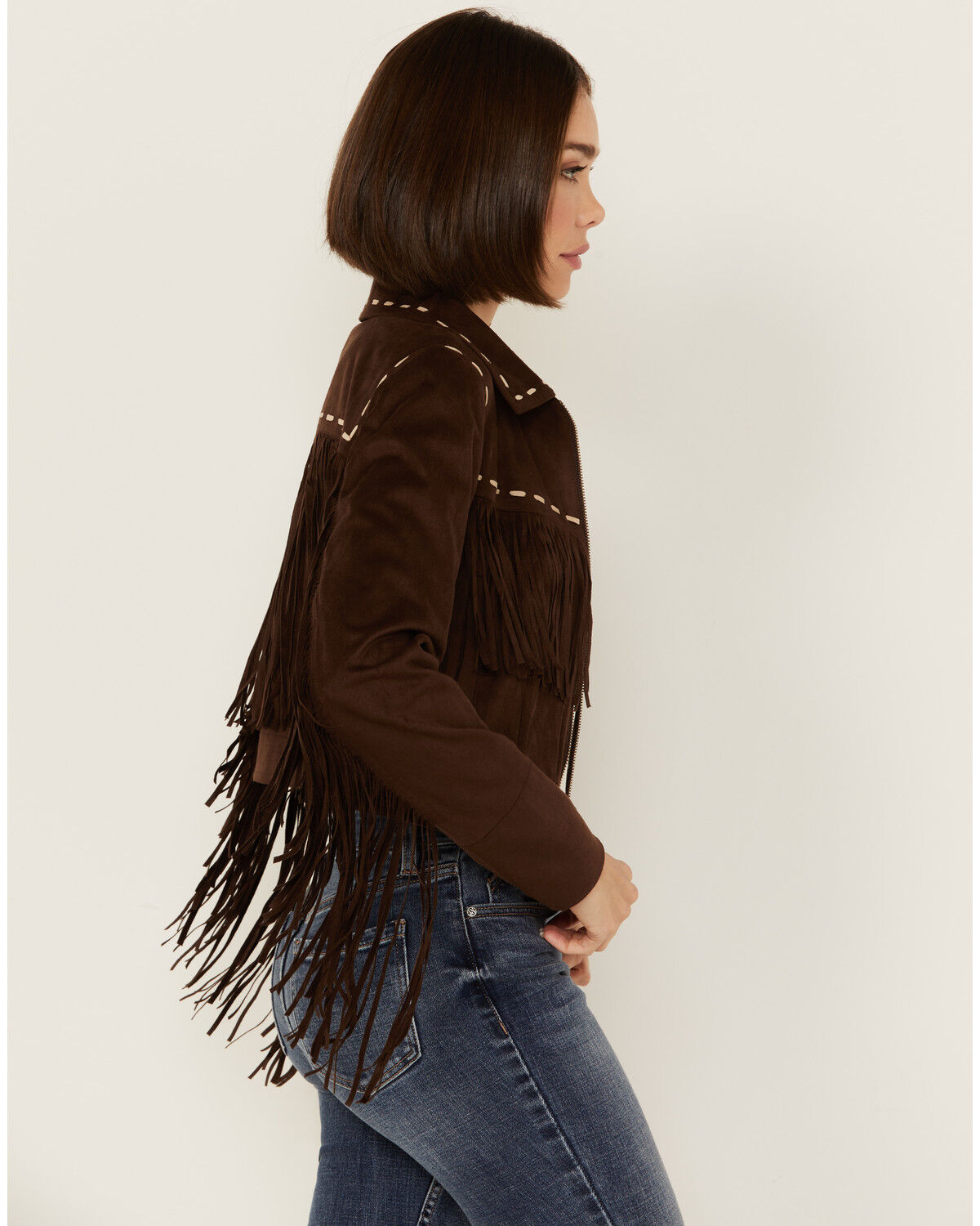 Image #2 - Shyanne Women's Faux Suede Contrast Stitch Fringe Jacket, Dark Brown, hi-res