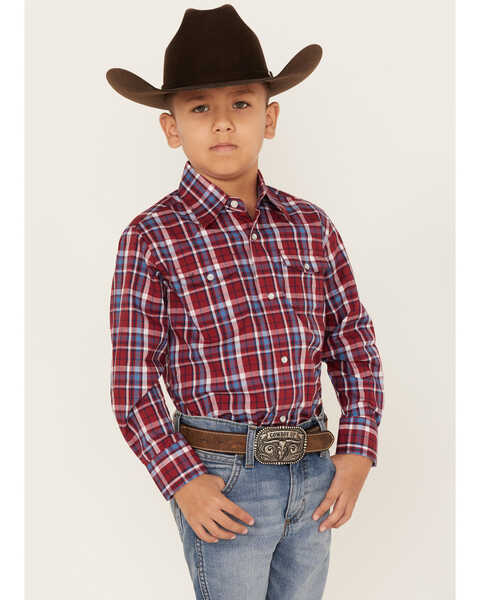Wrangler Boys' Plaid Print Long Sleeve Western Snap Shirt, Red, hi-res