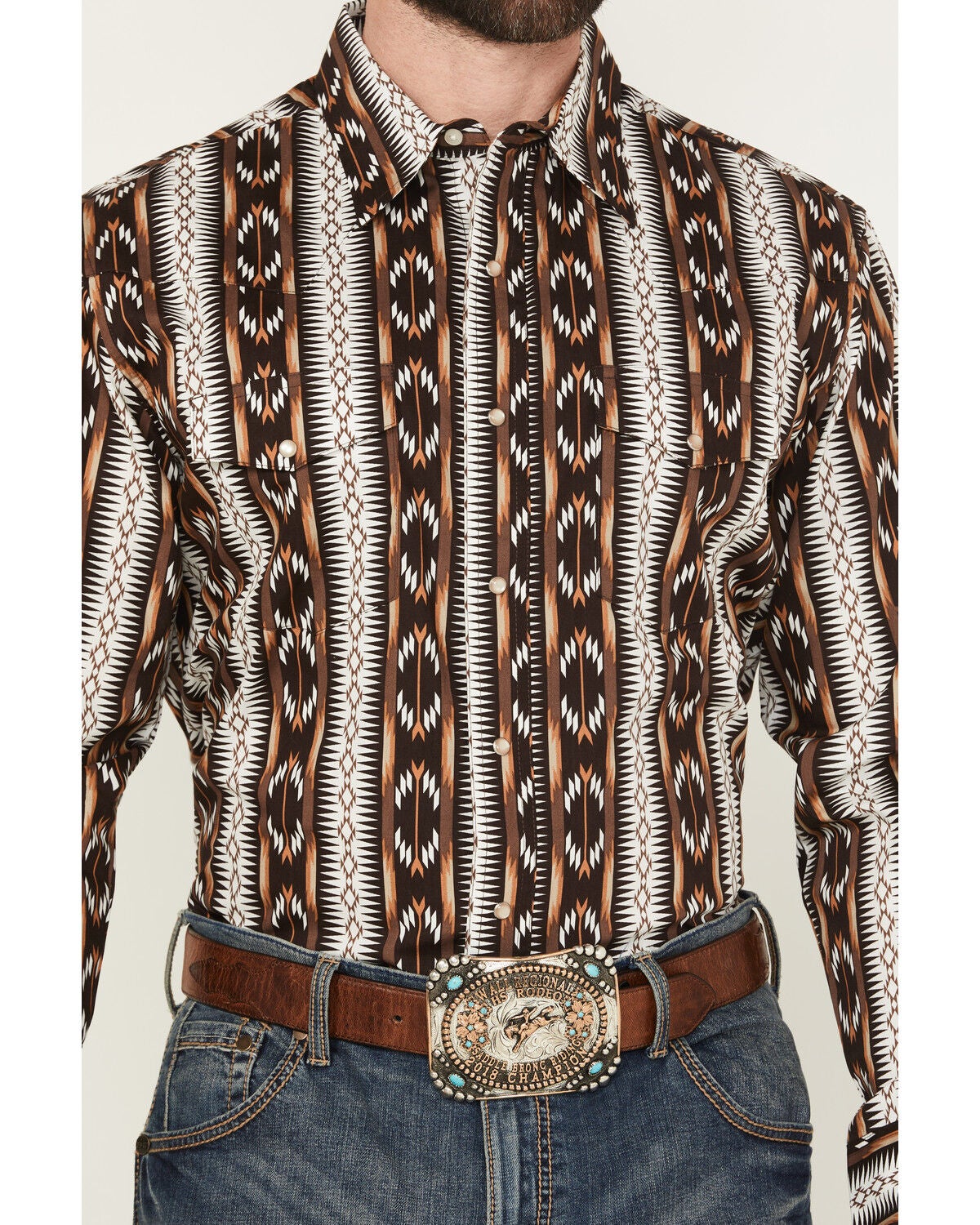Image #3 - Wrangler Men's Checotah Southwestern Striped Print Long Sleeve Pearl Snap Western Shirt, Brown, hi-res
