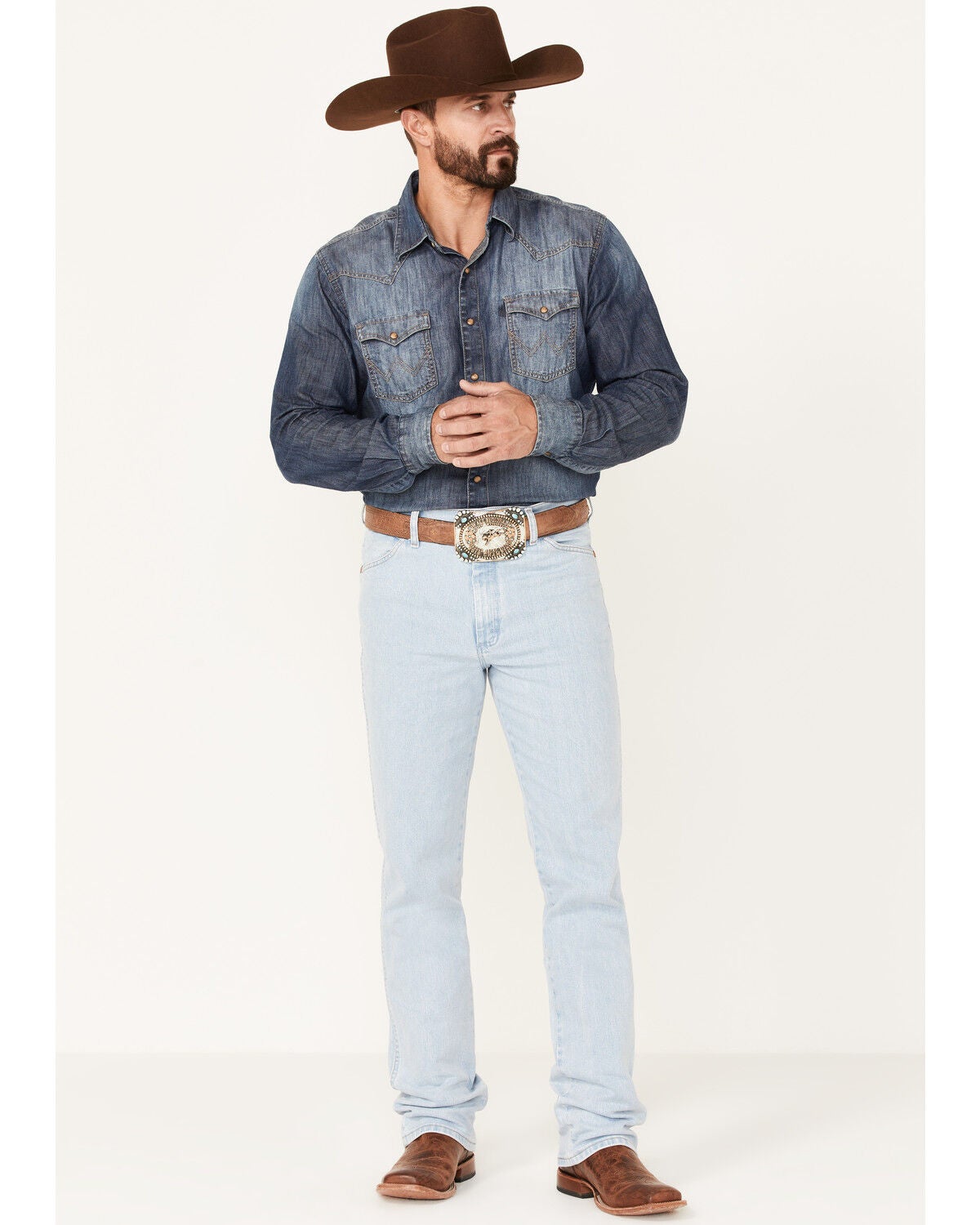Image #1 - Wrangler Men's Active Flex Bleach Light Wash Slim Fit Cowboy Cut Jeans, Blue, hi-res