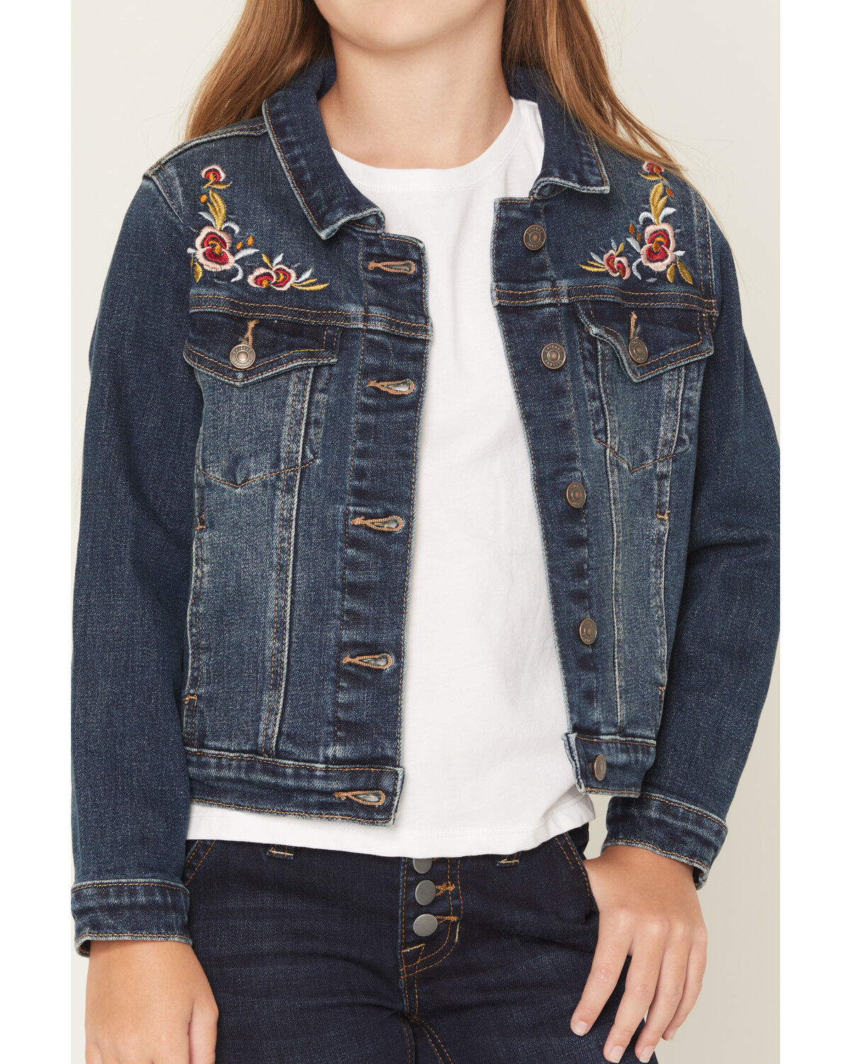 Image #3 - Shyanne Girls' Scout Floral Embroidered Denim Jacket, Dark Wash, hi-res