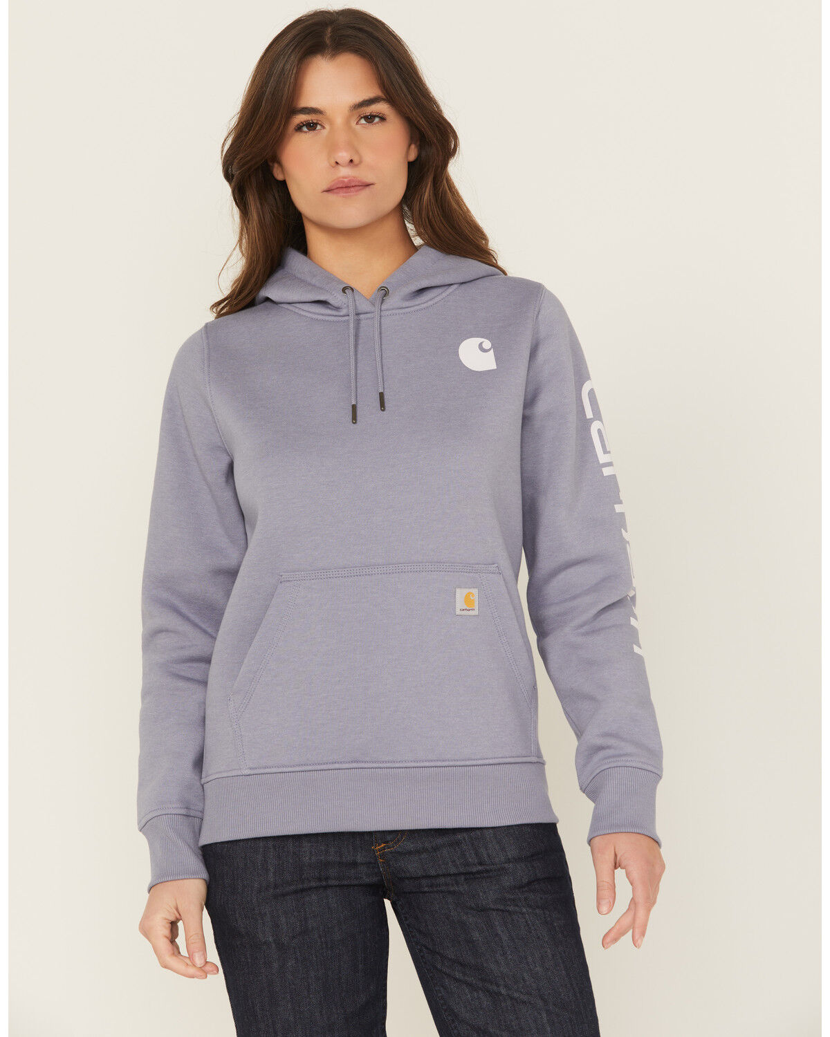 Image #1 - Carhartt Women's Relaxed Fit Midweight Logo Sleeve Graphic Hoodie, Lavender, hi-res