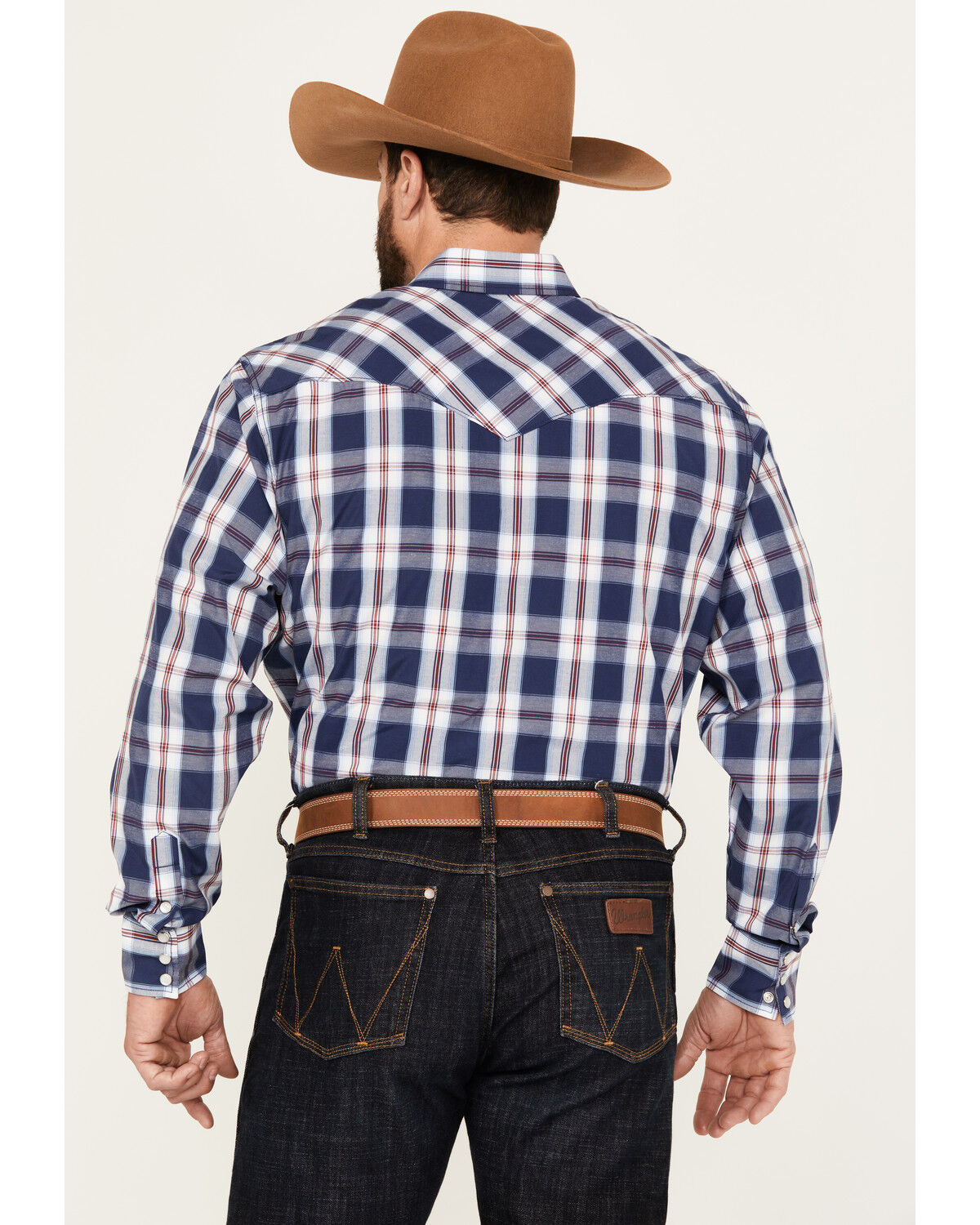 Image #4 - Rodeo Clothing Men's Plaid Print Long Sleeve Pearl Snap Western Shirt, Navy, hi-res