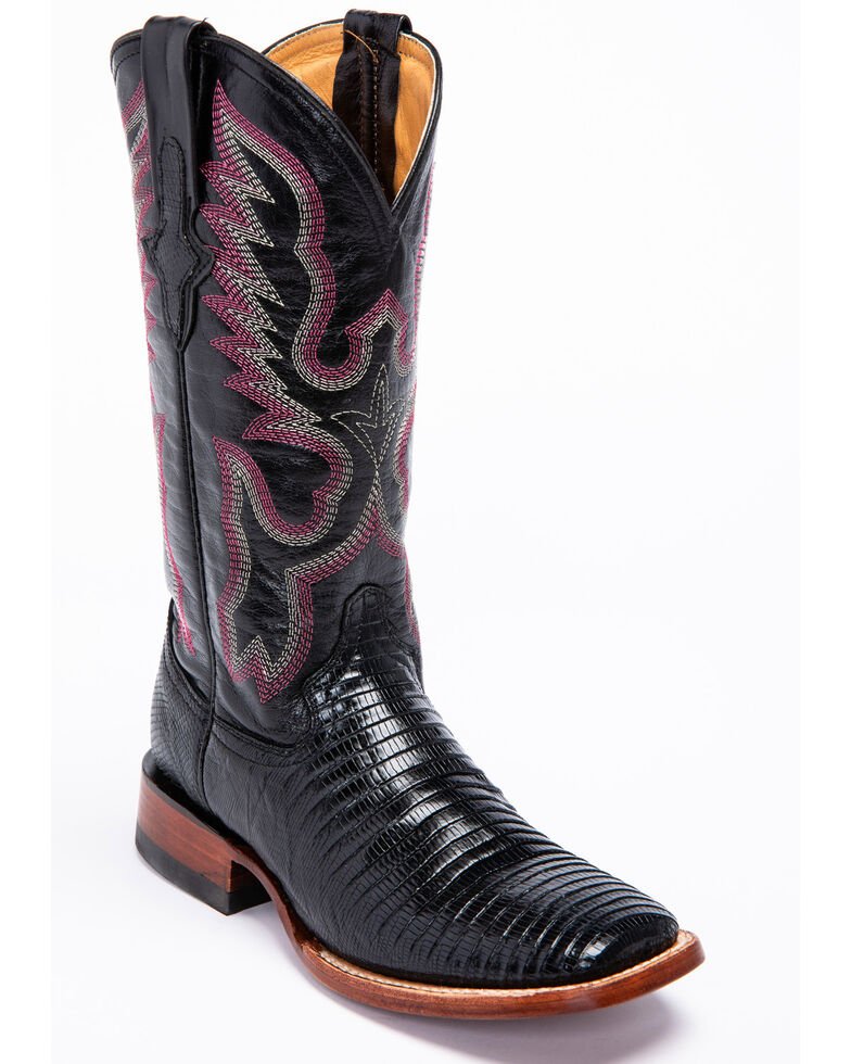 Ferrini Black Lizard Cowgirl Boots- Wide Square Toe, Black, hi-res