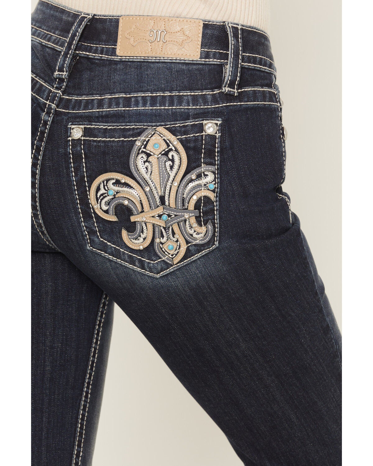 Image #2 - Miss Me Women's Medium Wash Mid Rise Fleur De Lis 32" Bootcut Stretch Denim Jeans, Medium Wash, hi-res