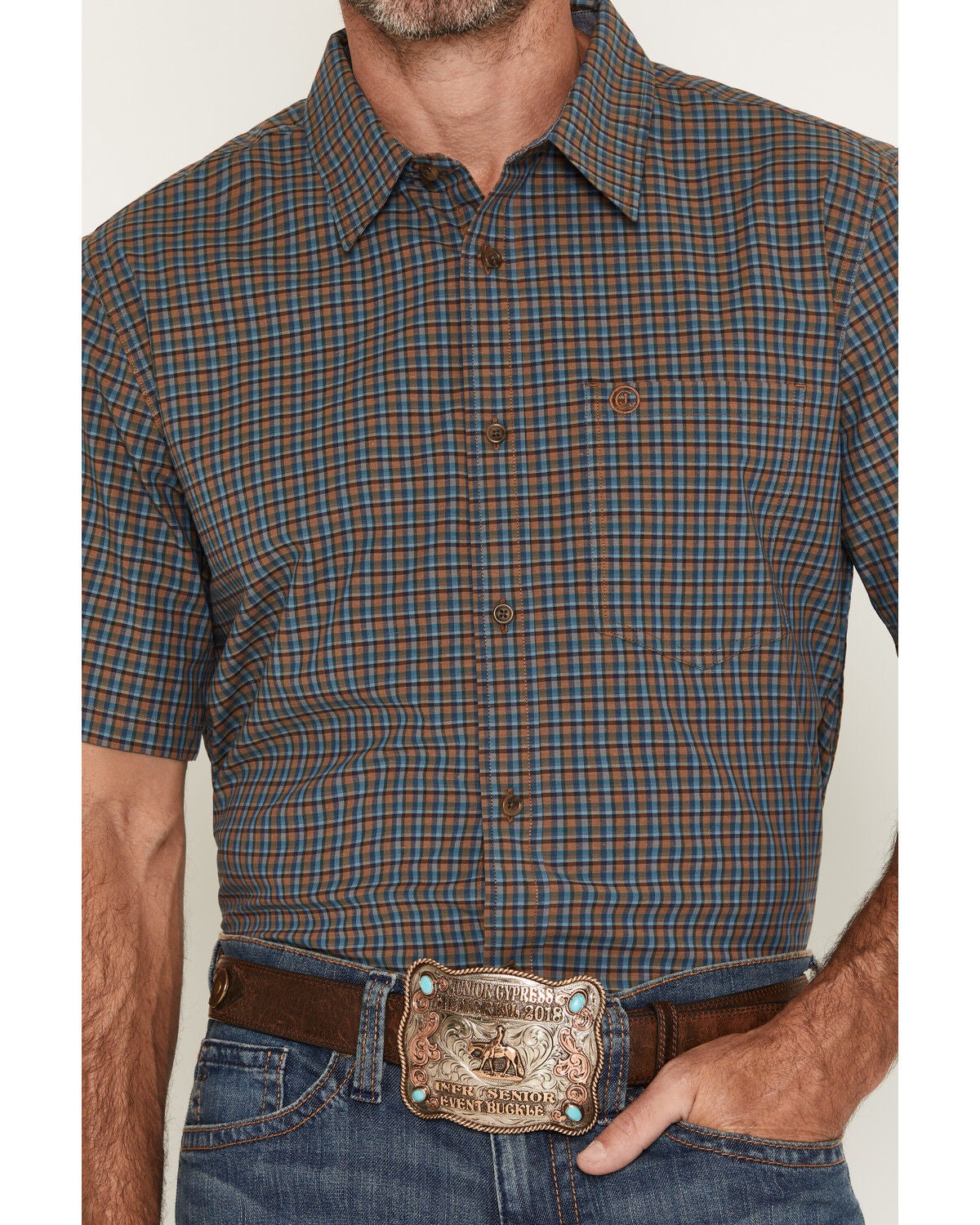 Image #3 - Cody James Men's Buster Plaid Print Short Sleeve Button-Down Stretch Western Shirt, Blue, hi-res