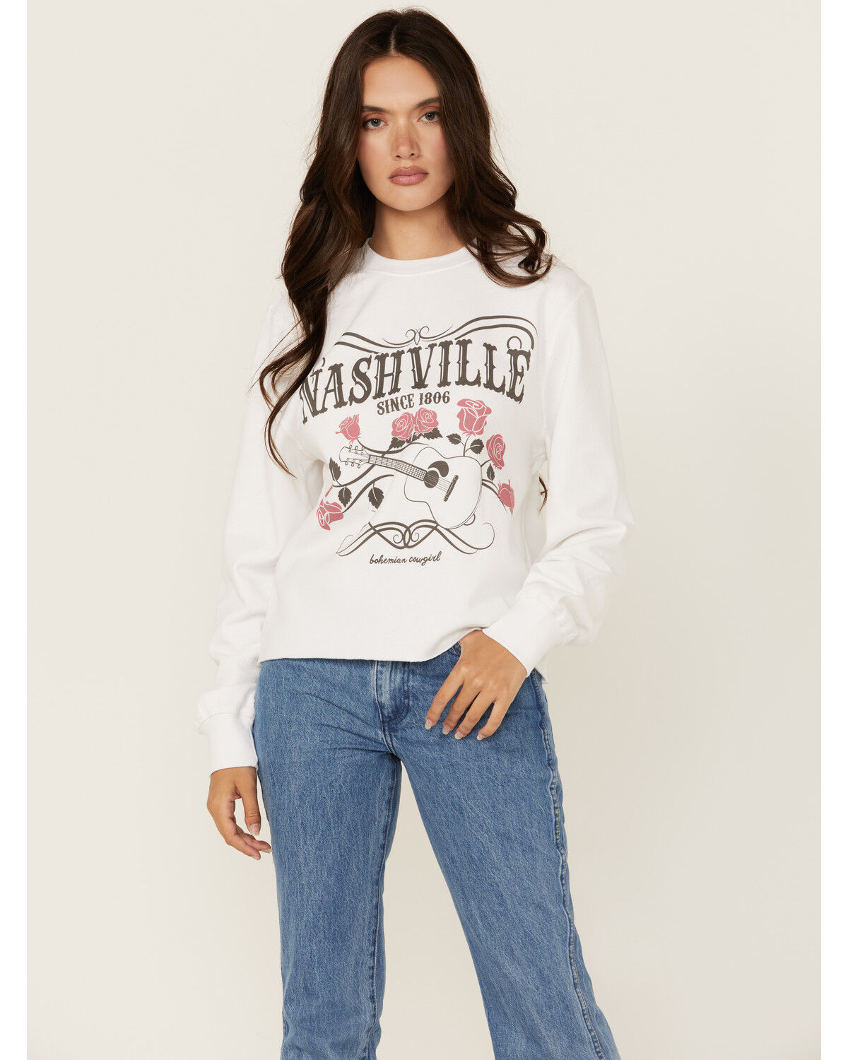 Image #1 - Bohemia Cowgirl Women's Nashville Short Sleeve Cropped Graphic Tee, White, hi-res