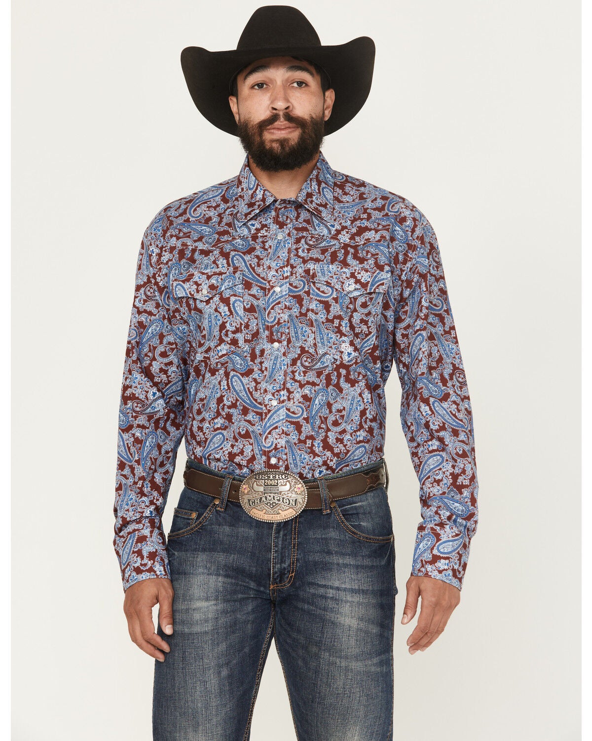 Image #1 - Roper Men's Paisley Print Long Sleeve Snap Western Shirt, Wine, hi-res