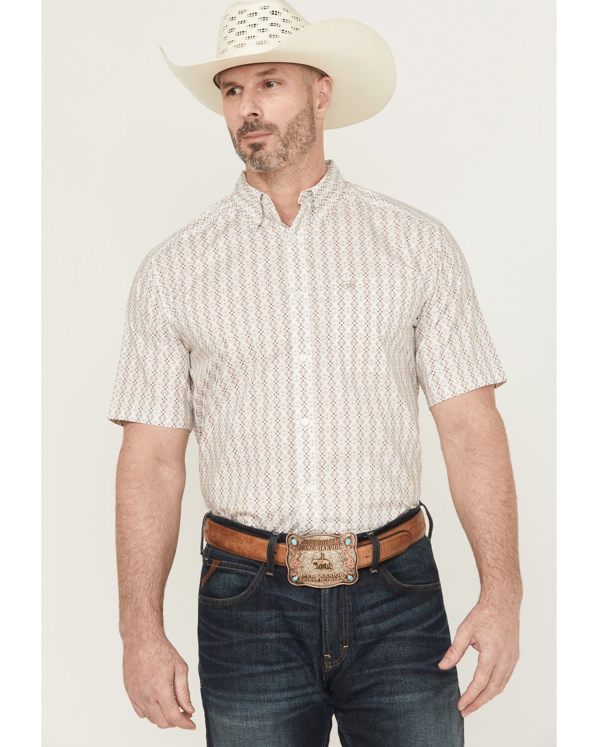 Ariat Men's Carlo Tonal Geo Print Short Sleeve Button-Down Western Shirt, Sand, hi-res