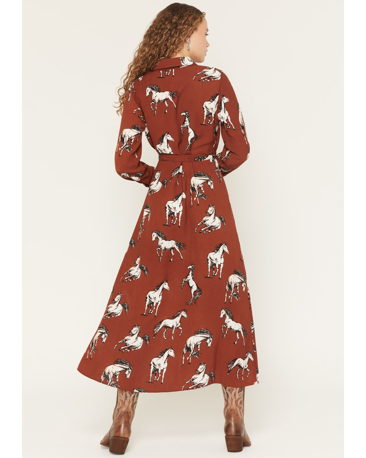 Image #4 - Cotton & Rye Women's Boot Barn Exclusive Horse Print Waist Tie Midi Dress, Black, hi-res