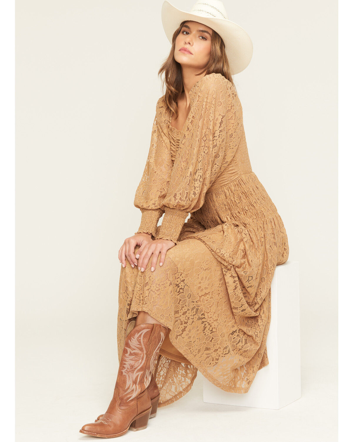 Image #1 - Listicle Women's Lace Long Sleeve Midi Dress, Caramel, hi-res