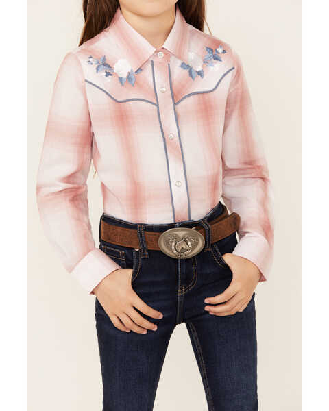 Image #3 - Ely Walker Girls' Rose Embroidered Plaid Print Long Sleeve Pearl Snap Western Shirt , Rose, hi-res