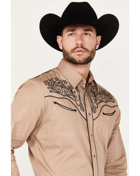 Image #2 - Rodeo Clothing Men's Embroidered Long Sleeve Snap Western Shirt, Tan, hi-res
