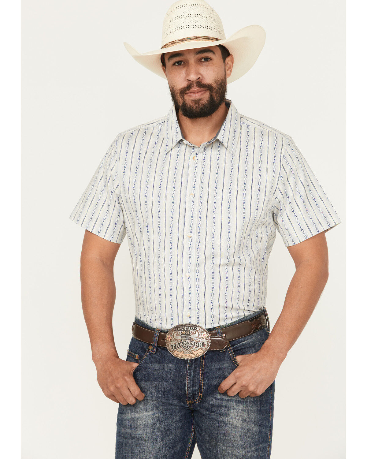 Image #1 - Cody James Men's Wild West Rhythms Southwestern Striped Print Short Sleeve Button-Down Stretch Western Shirt - Big, Tan, hi-res