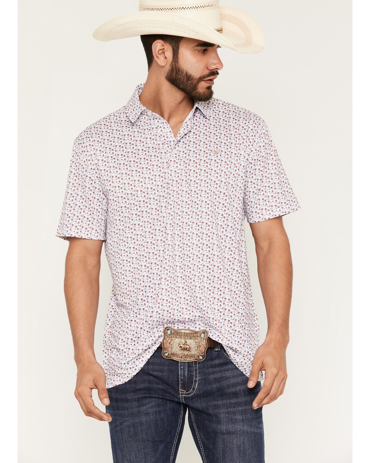 Image #1 - Ariat Men's All Over Palm Tree Print Classic Fit Polo, White, hi-res