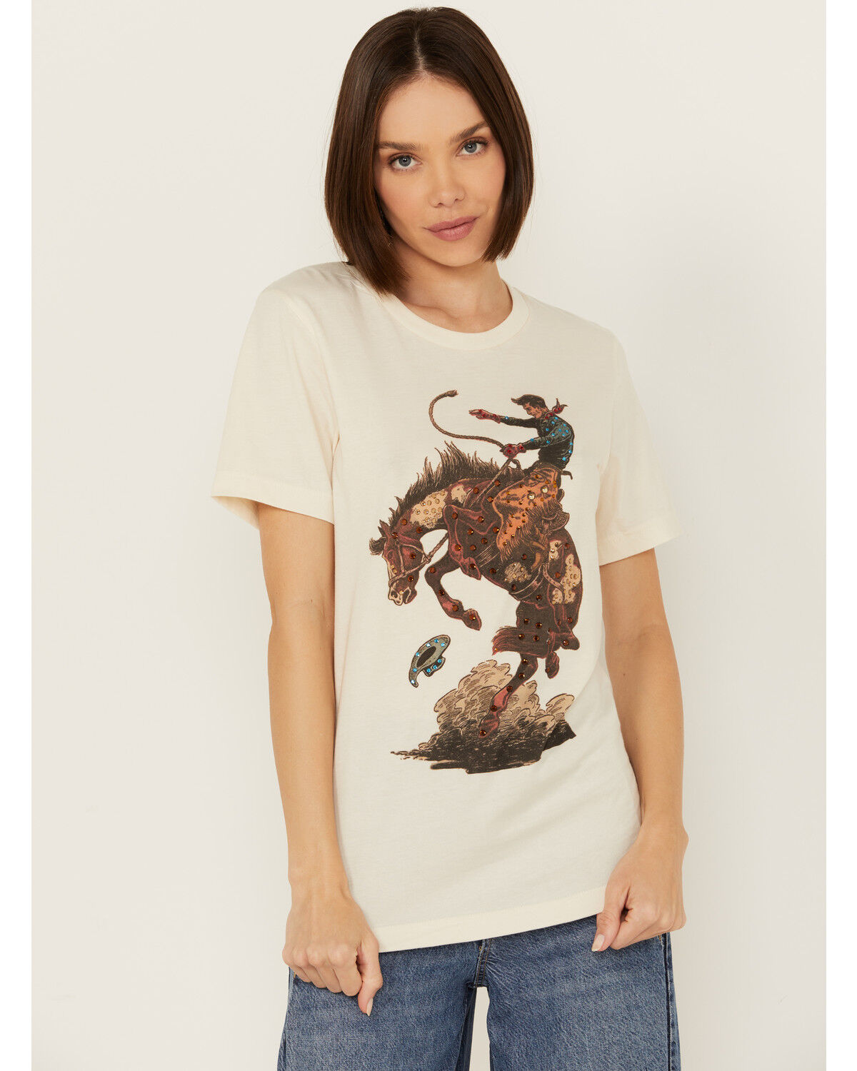 Image #1 - Gina Tees Women's Boujee Broncho Rhinestone Short Sleeve Graphic Tee, White, hi-res