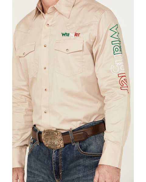 Image #3 - Wrangler Men's Logo Mexico Long Sleeve Snap Western Shirt, Tan, hi-res