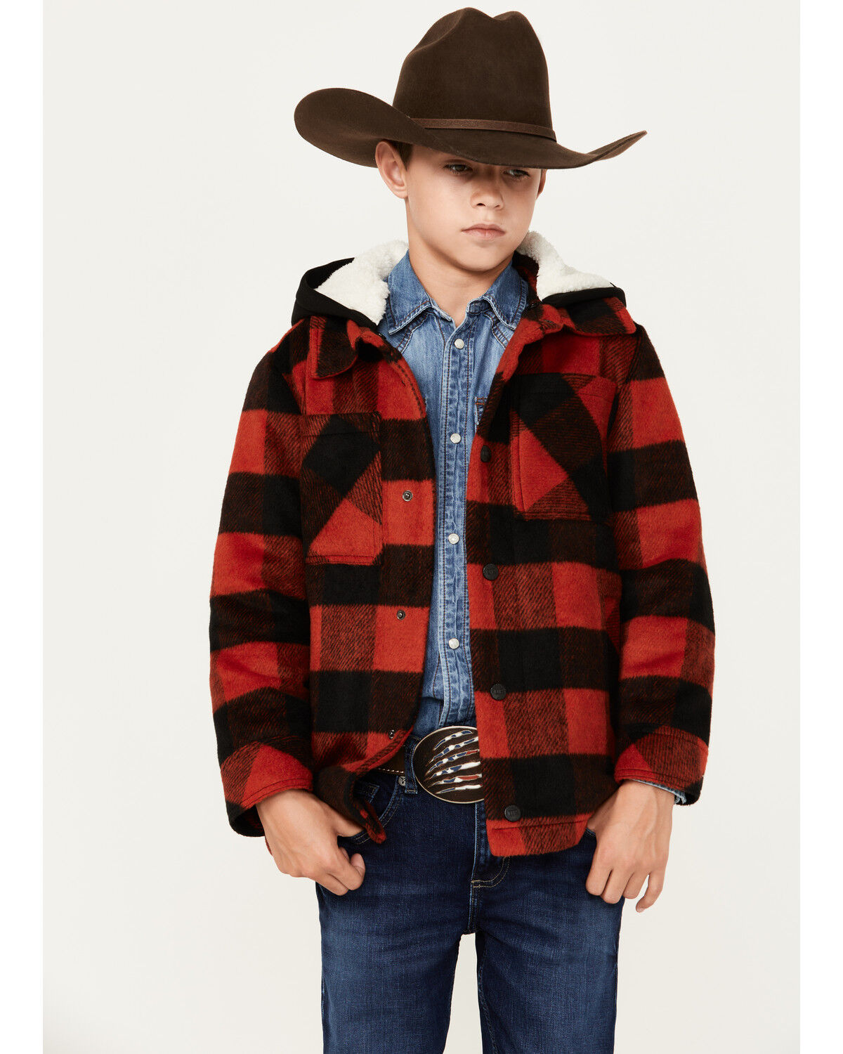 Image #1 - Urban Republic Little Boys' Plaid Print Wool Hooded Jacket, Red, hi-res